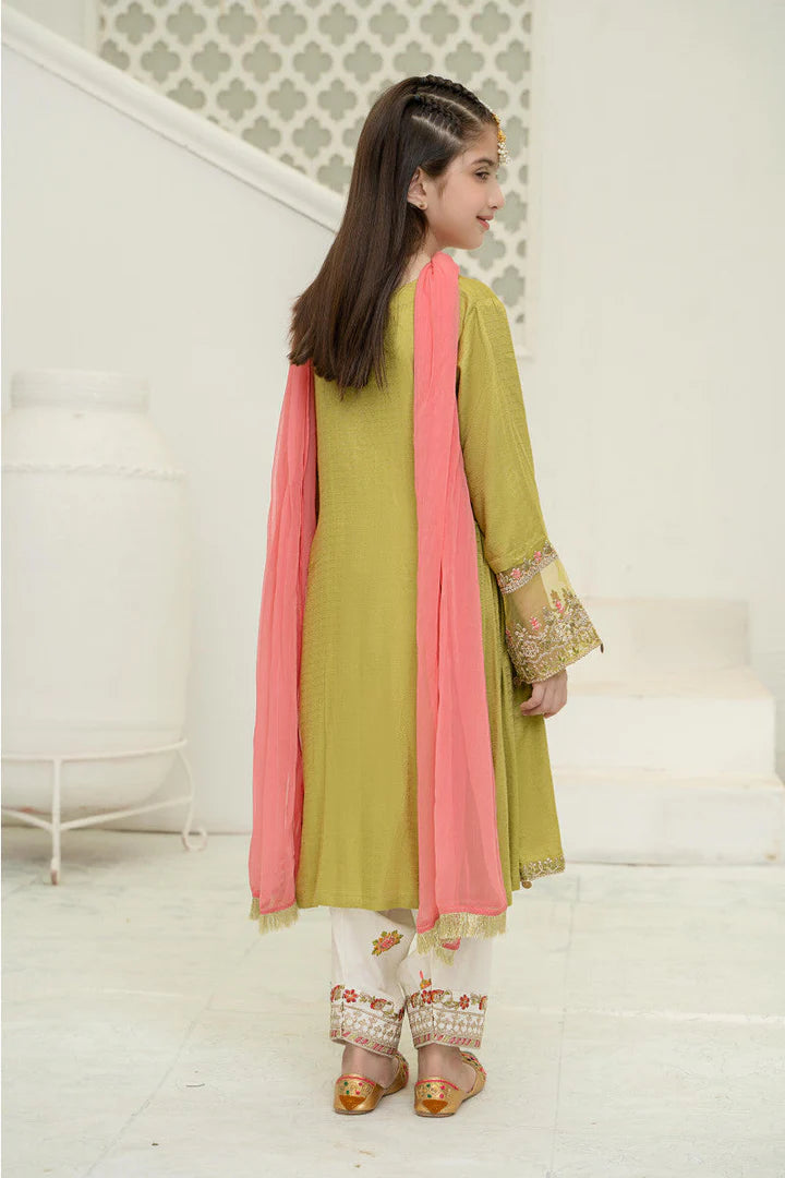 Maria B Kids Embroidered frock with shalwar and chiffon dupatta.