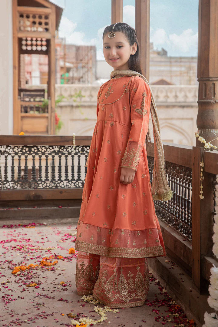 Kids 3PC Embroidered Linen Dress With Net Dupatta