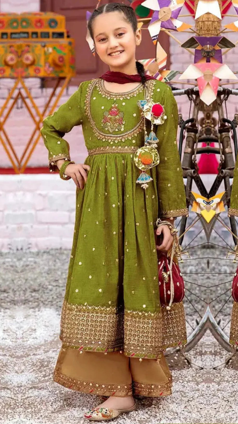 Maria B Kids 3PC Embroidered Linen Dress With Net Dupatta