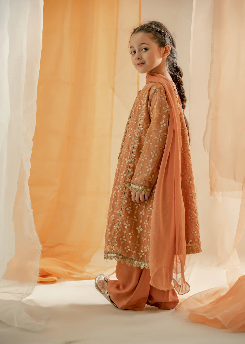Maria B Kids 3PC Embroidered Linen Dress With Net Dupatta