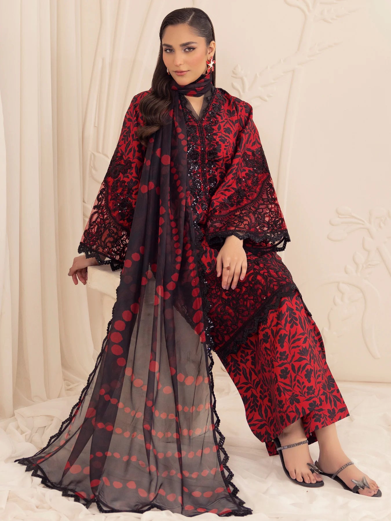 Floral Elegance Embroidered Printed Linen 3-pc
