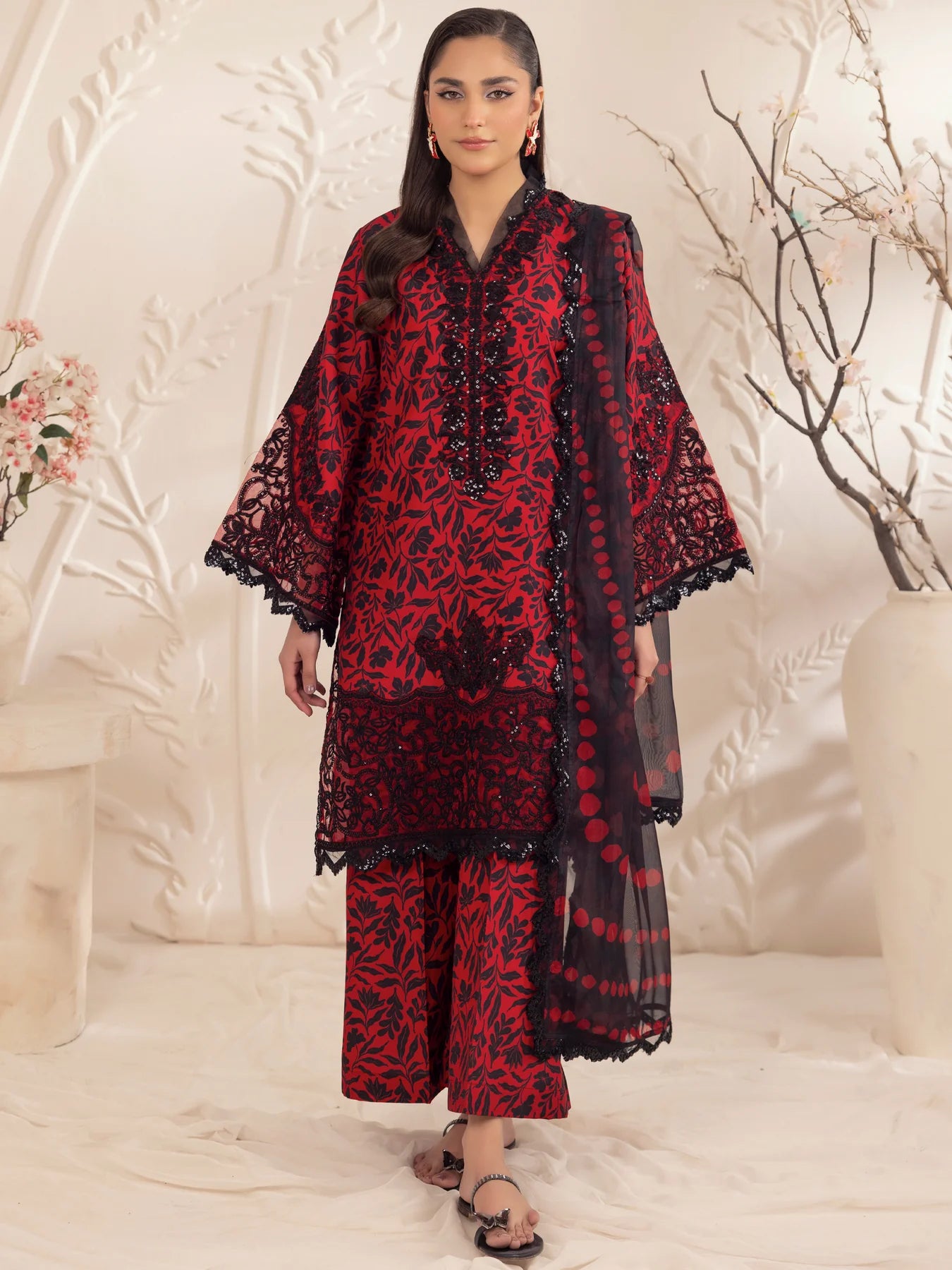 Floral Elegance Embroidered Printed Linen 3-pc