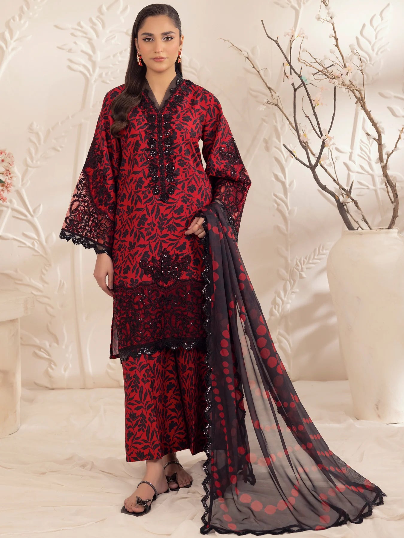 Floral Elegance Embroidered Printed Linen 3-pc