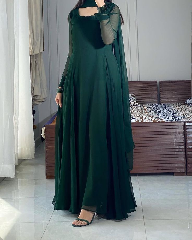 Stitched Bottle Green Flora 3PCS Chiffon Suit