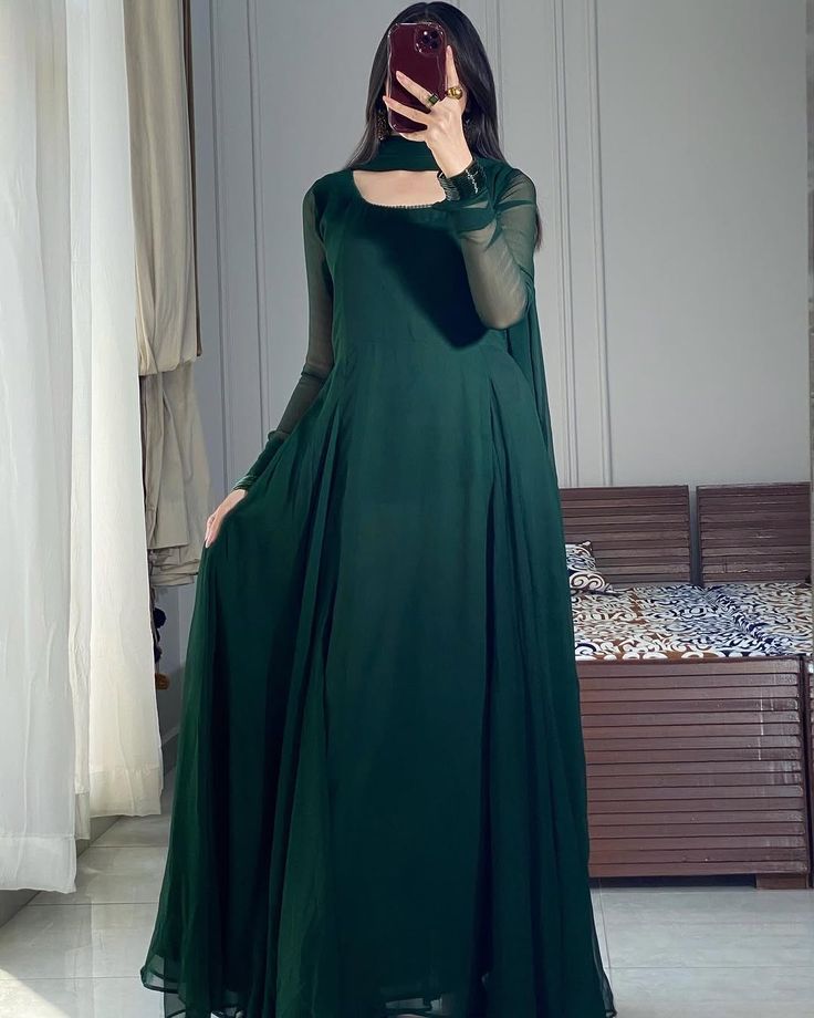 Stitched Bottle Green Flora 3PCS Chiffon Suit