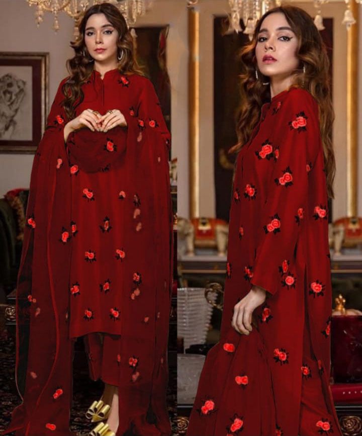 Rose Embroidery Silk 3PC Suit with Organza Dupatta