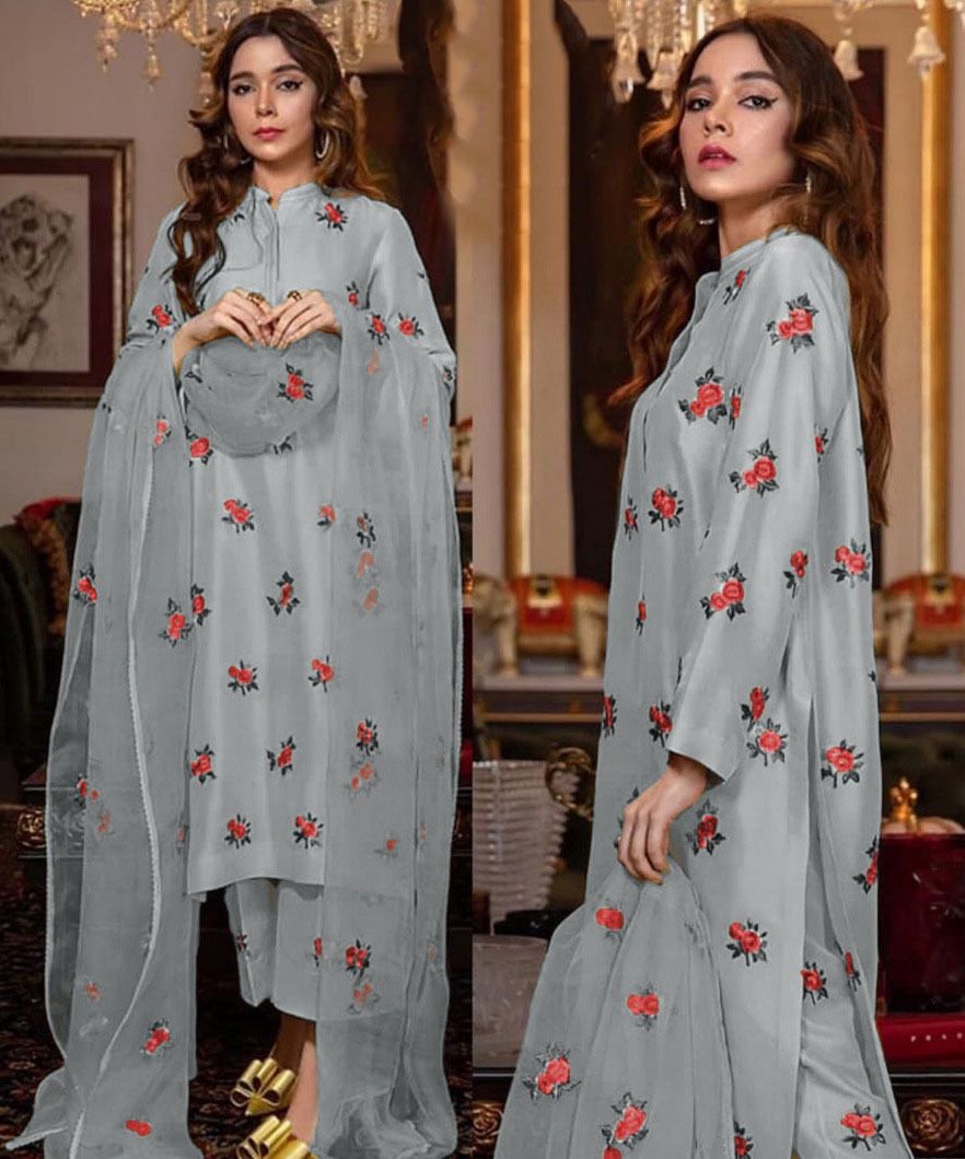 Rose Embroidery Silk 3PC Suit with Organza Dupatta