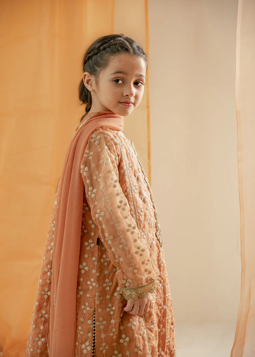 Maria B Kids 3PC Embroidered Linen Dress With Net Dupatta