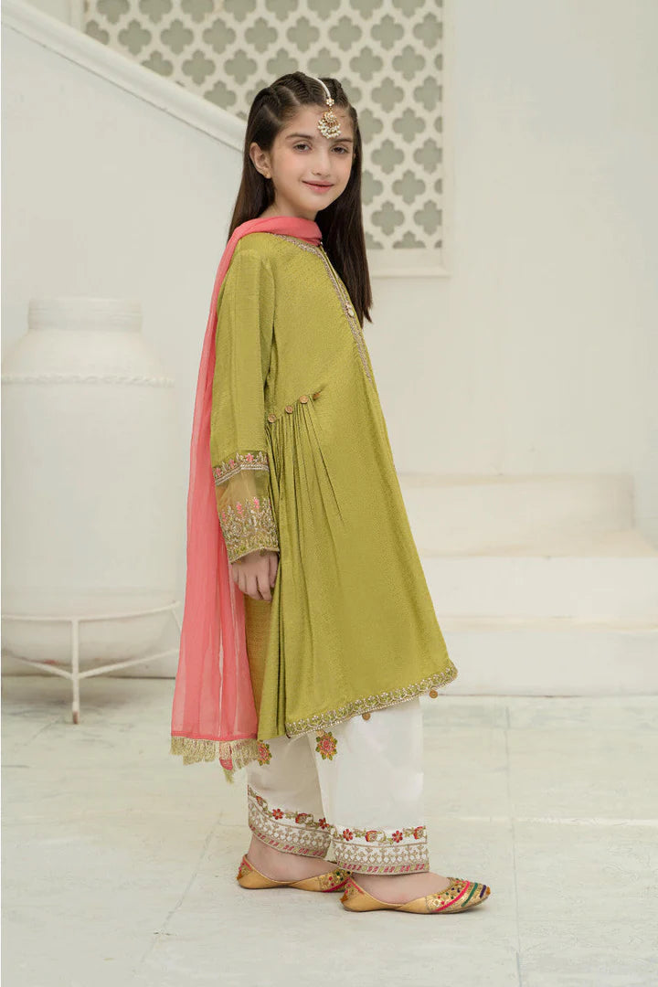 Maria B Kids Embroidered frock with shalwar and chiffon dupatta.