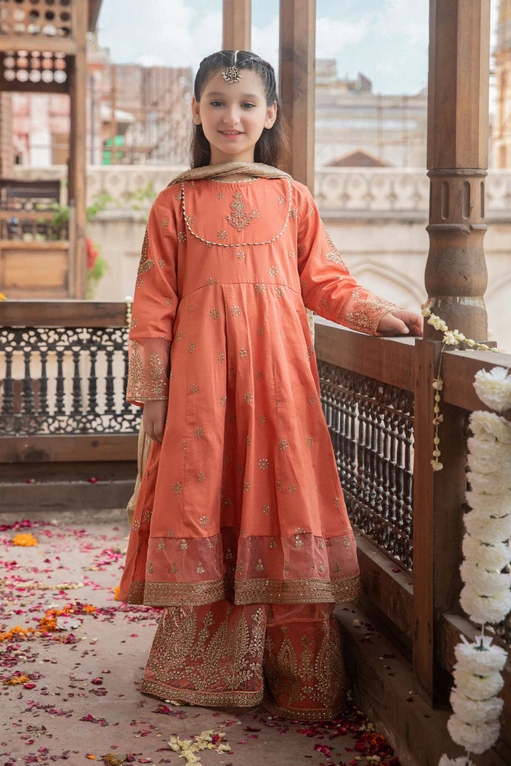 Kids 3PC Embroidered Linen Dress With Net Dupatta