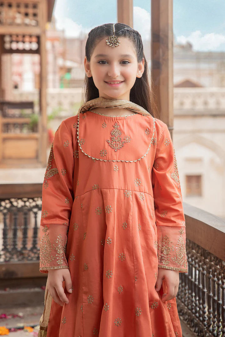 Kids 3PC Embroidered Linen Dress With Net Dupatta