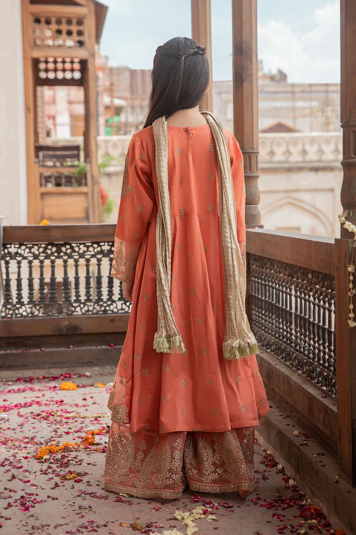 Kids 3PC Embroidered Linen Dress With Net Dupatta