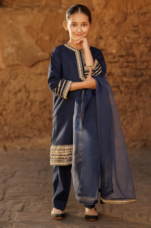 Kids 3PC Embroidered Linen Dress With Net Dupatta - Unstitched