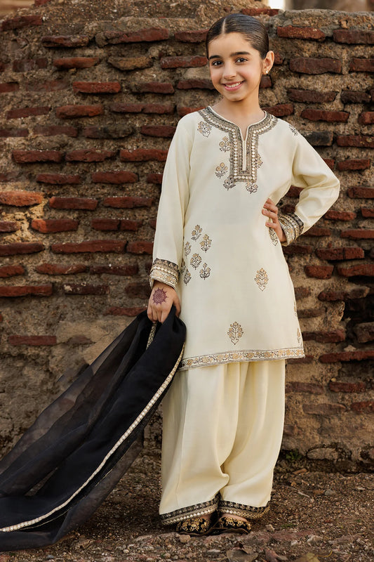 Kids 3PC Embroidered Linen Dress With Net Dupatta - Unstitched