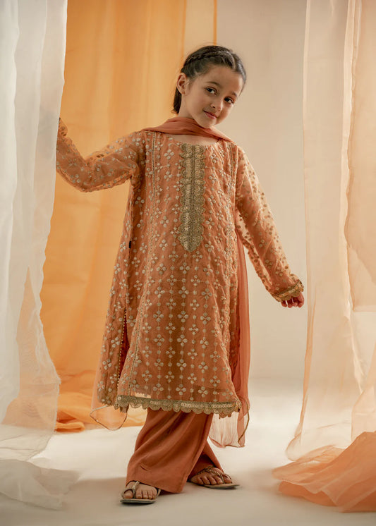 Maria B Kids 3PC Embroidered Linen Dress With Net Dupatta