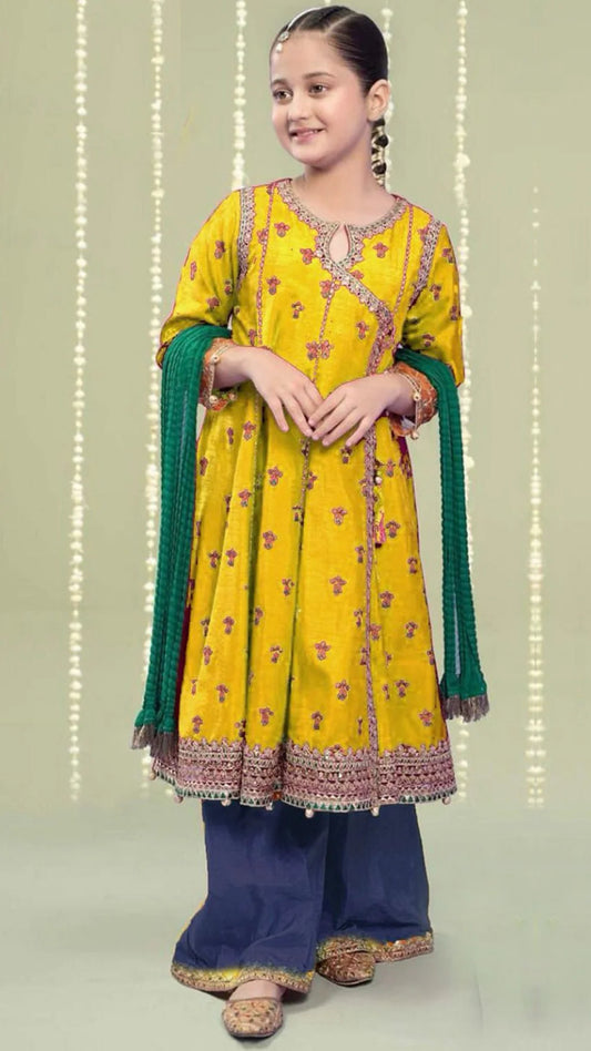 Maria B Kids 3PC Embroidered Linen Dress With Net Dupatta