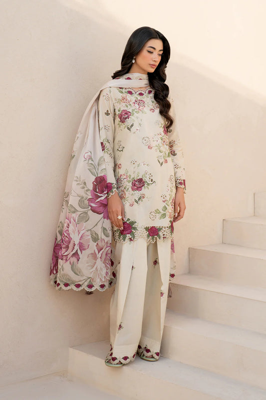 Borer Embroidered Printed Linen Suit with Silk Dupatta