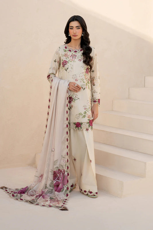 Borer Embroidered Printed Linen Suit with Silk Dupatta