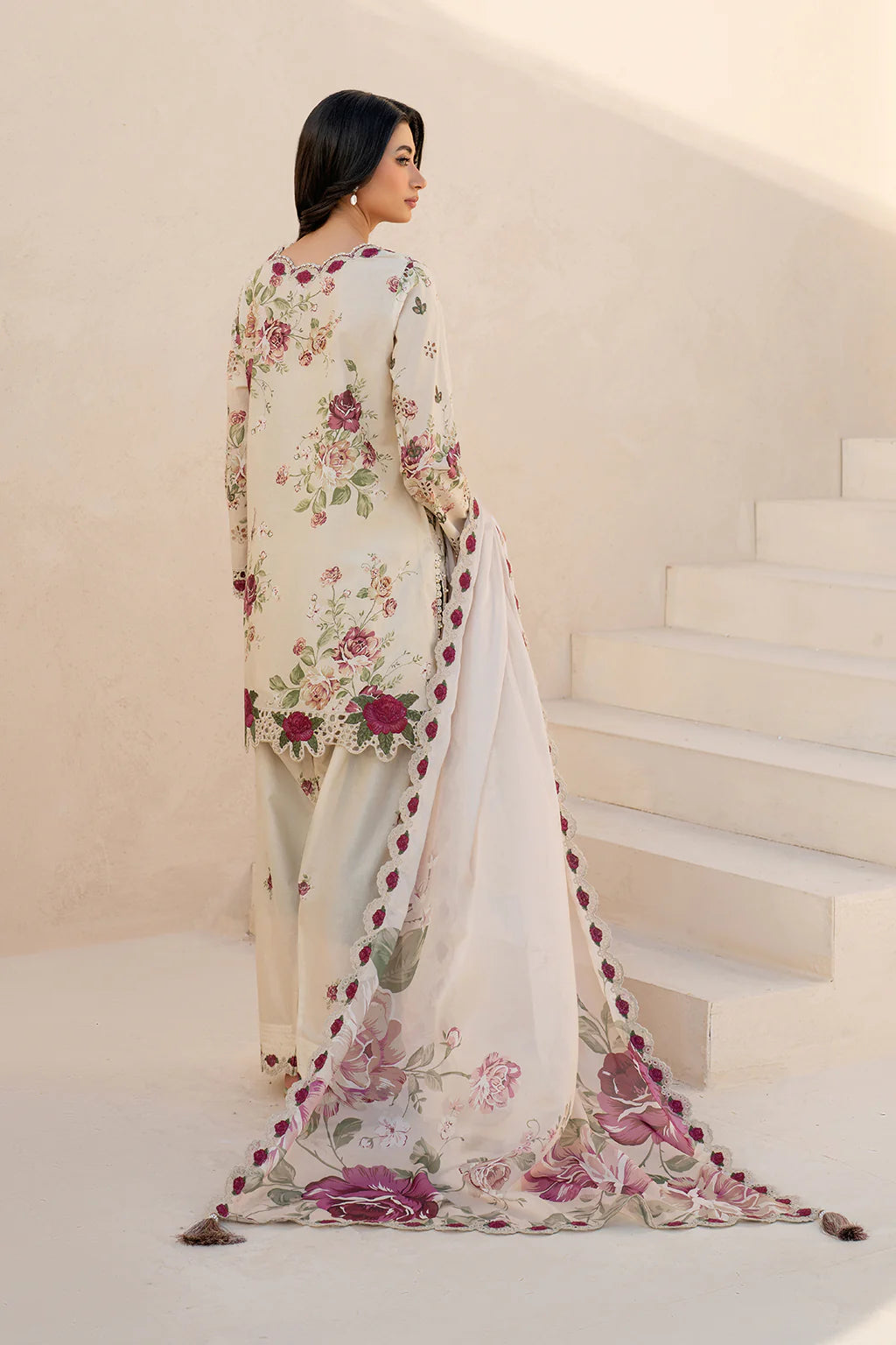Borer Embroidered Printed Linen Suit with Silk Dupatta
