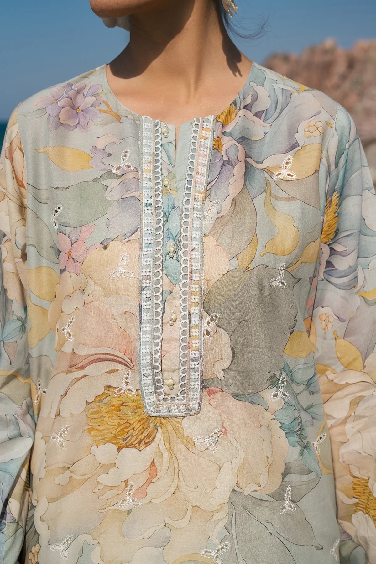 Baroque Floral Schiffli Lawn Suit