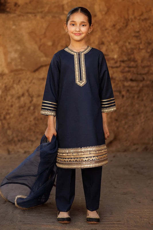 Kids 3PC Embroidered Linen Dress With Net Dupatta - Unstitched