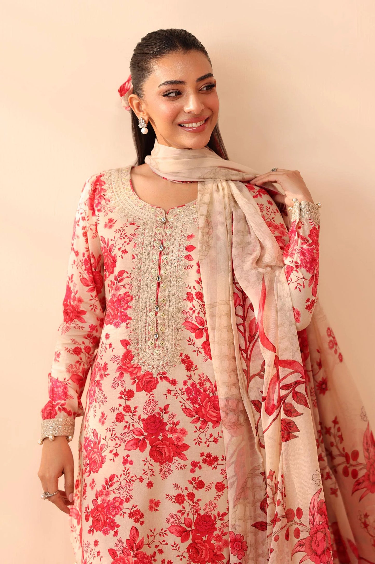 Pink 3 Piece Embroidered Linen Suit