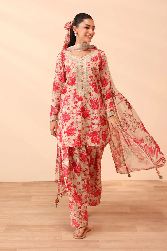 Pink 3 Piece Embroidered Linen Suit