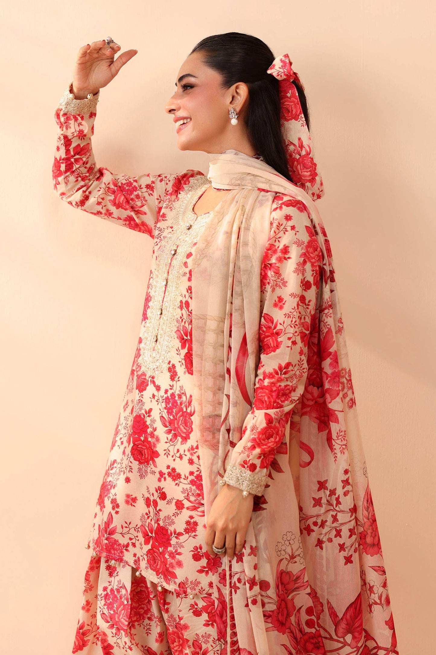 Pink 3 Piece Embroidered Linen Suit