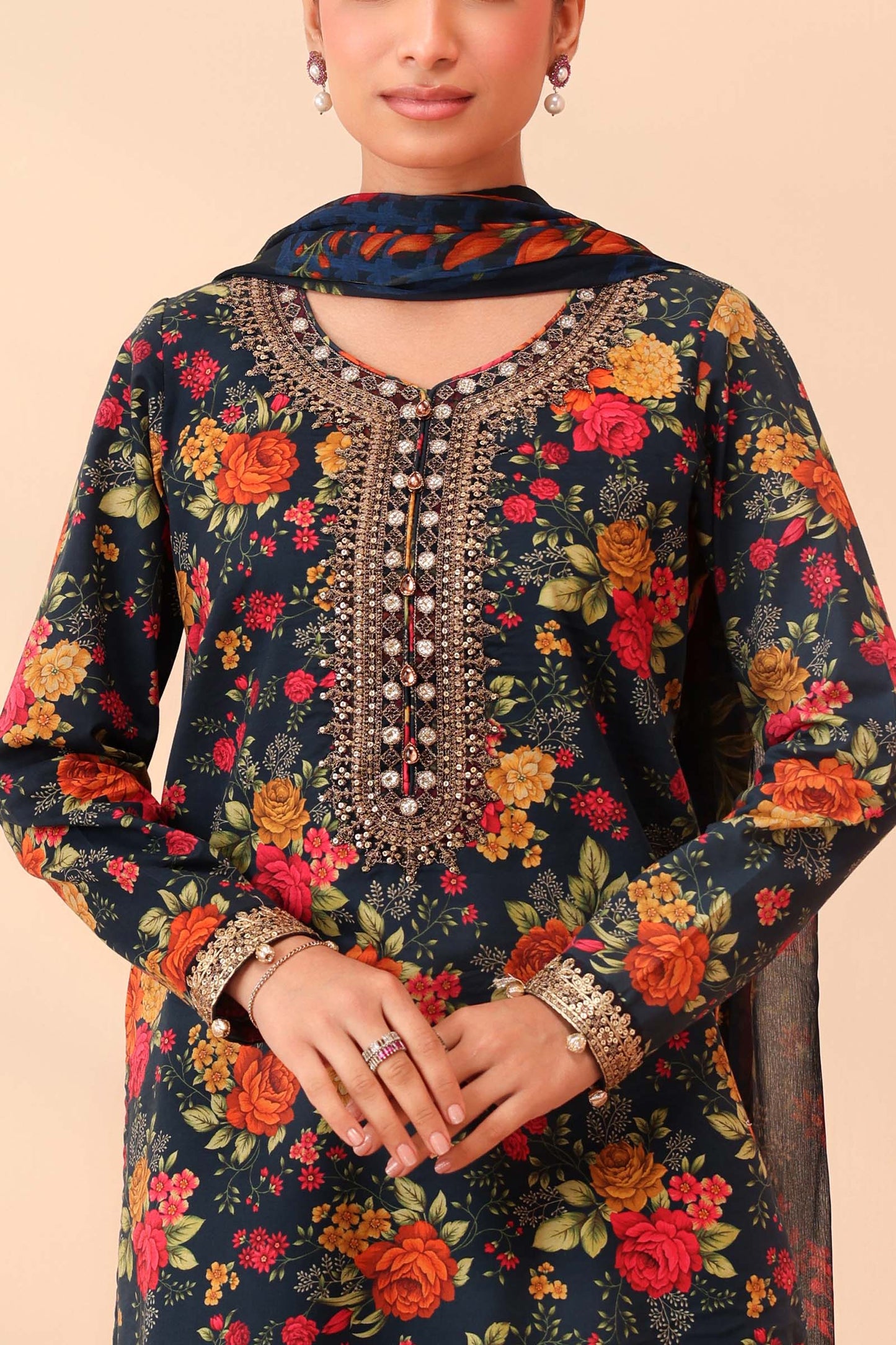 Teal 3 Piece Embroidered Linen Sui