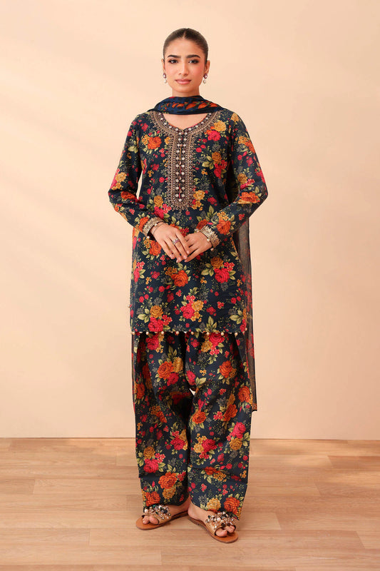 Teal 3 Piece Embroidered Linen Sui