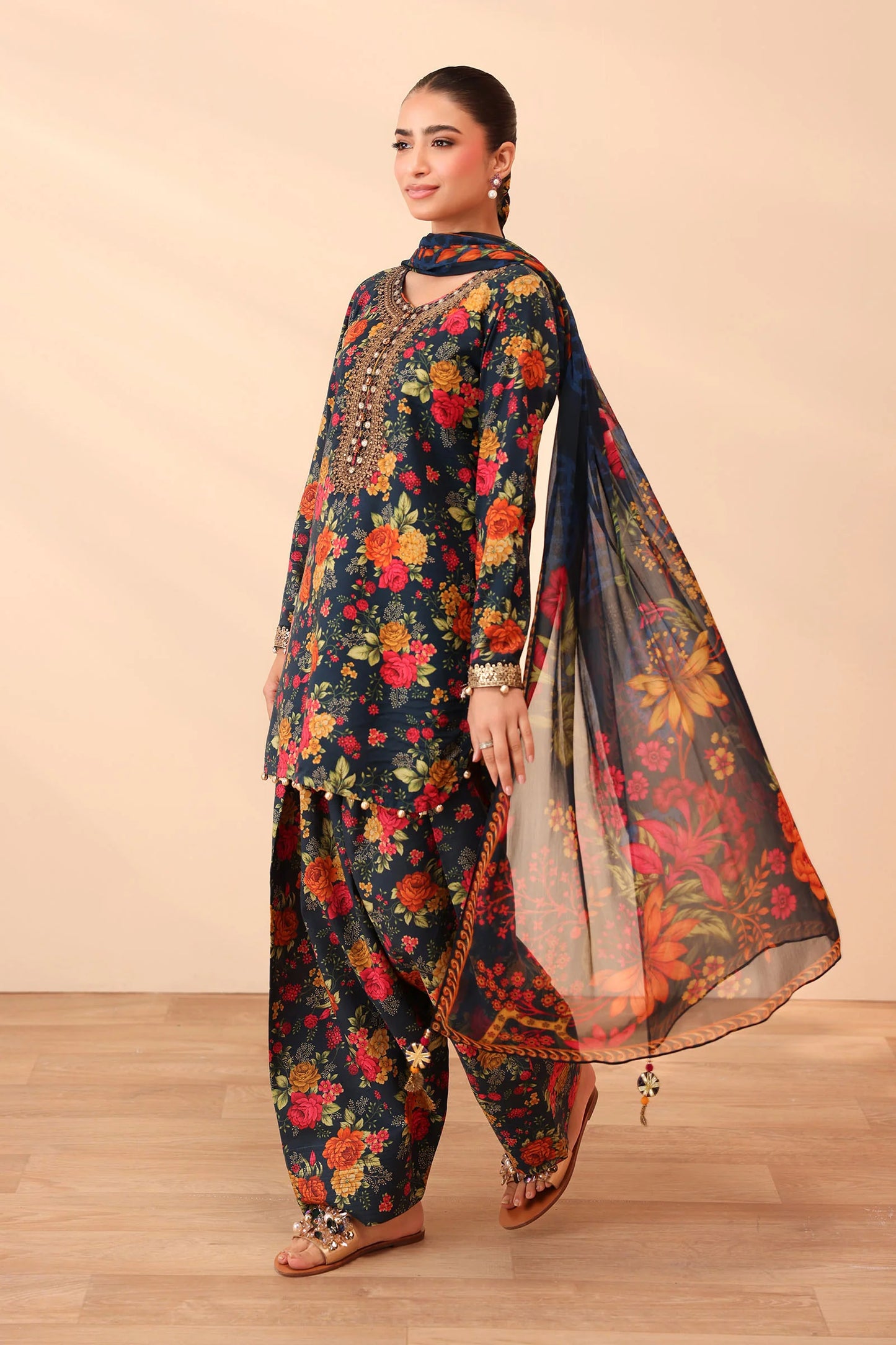 Teal 3 Piece Embroidered Linen Sui