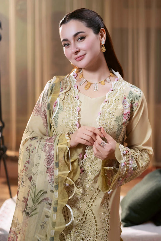 Jade X Hania Aamir 3PC Lawn Embroidered Suit with Chiffon Printed Dupatta