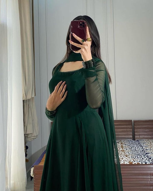 Stitched Bottle Green Flora 3PCS Chiffon Suit