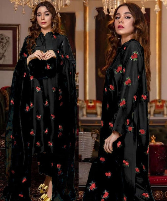 Rose Embroidery Silk 3PC Suit with Organza Dupatta