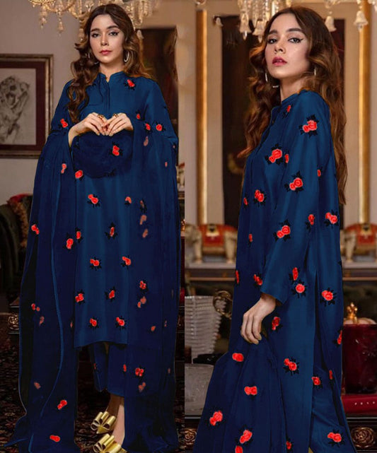 Rose Embroidery Silk 3PC Suit with Organza Dupatta