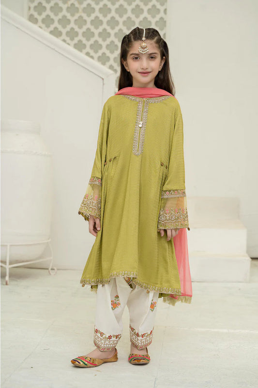 Maria B Kids Embroidered frock with shalwar and chiffon dupatta.