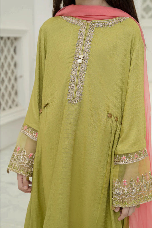 Maria B Kids Embroidered frock with shalwar and chiffon dupatta.